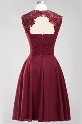 Cute Chiffon Round Neck Short Burgundy Bridesmaid Dresses with Appliques-27dress